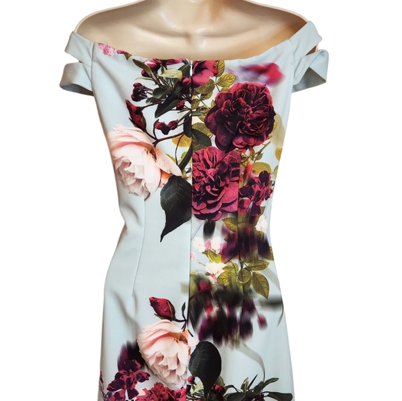 Ignite Evenings Off The Shoulder Floral Cocktail Fitted Dress Aqua Multi-Color 8 - Picture 5 of 10